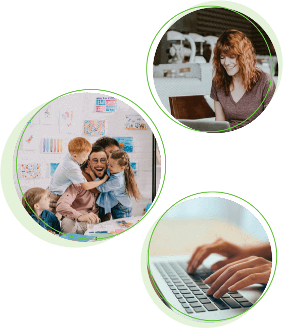 Three circles with images inside them: a teacher smiling at her laptop, a teacher being hugged by three school kids and hands typing at a laptop - teacher recruitment software.