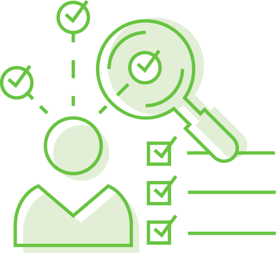 Illustration of a magnifying glass looking at the credentials of a specific candidate - teacher recruitment software.