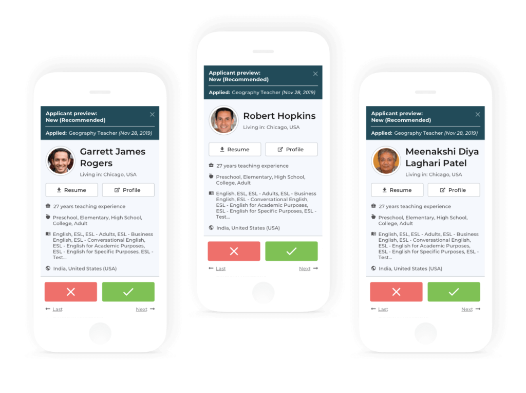 Three mobile phones with screenshots of the Teach Away teacher recruitment software, displaying teacher candidate profiles and information.