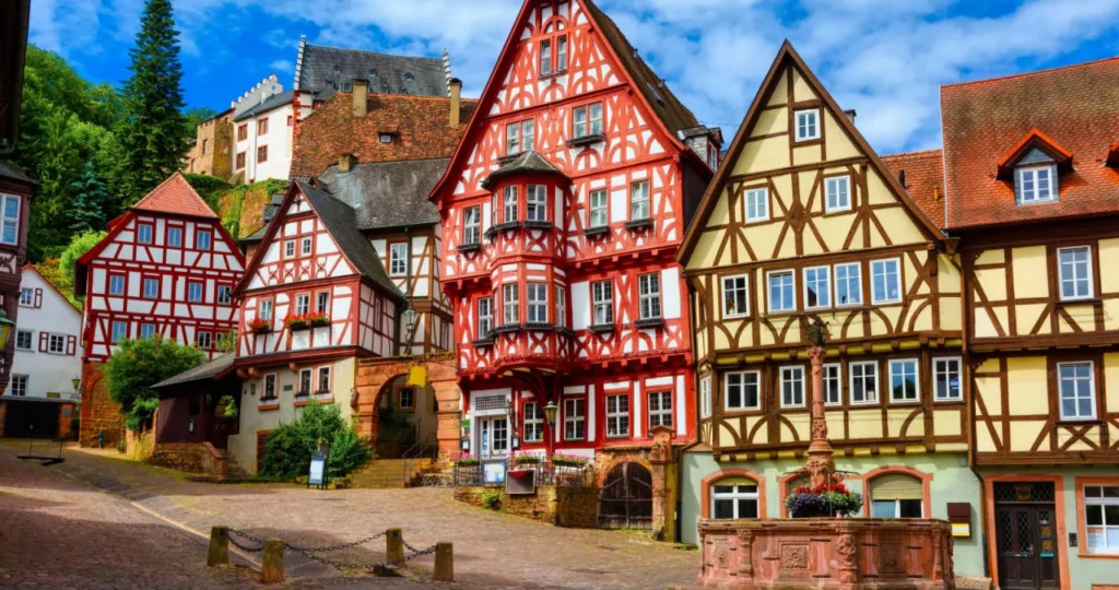 Colorful gothic style half-timbered houses in historical Old town of Miltenberg, Bavaria, Germany. Miltenberg is a popular travel destination near Frankfurt am Main, Germany.